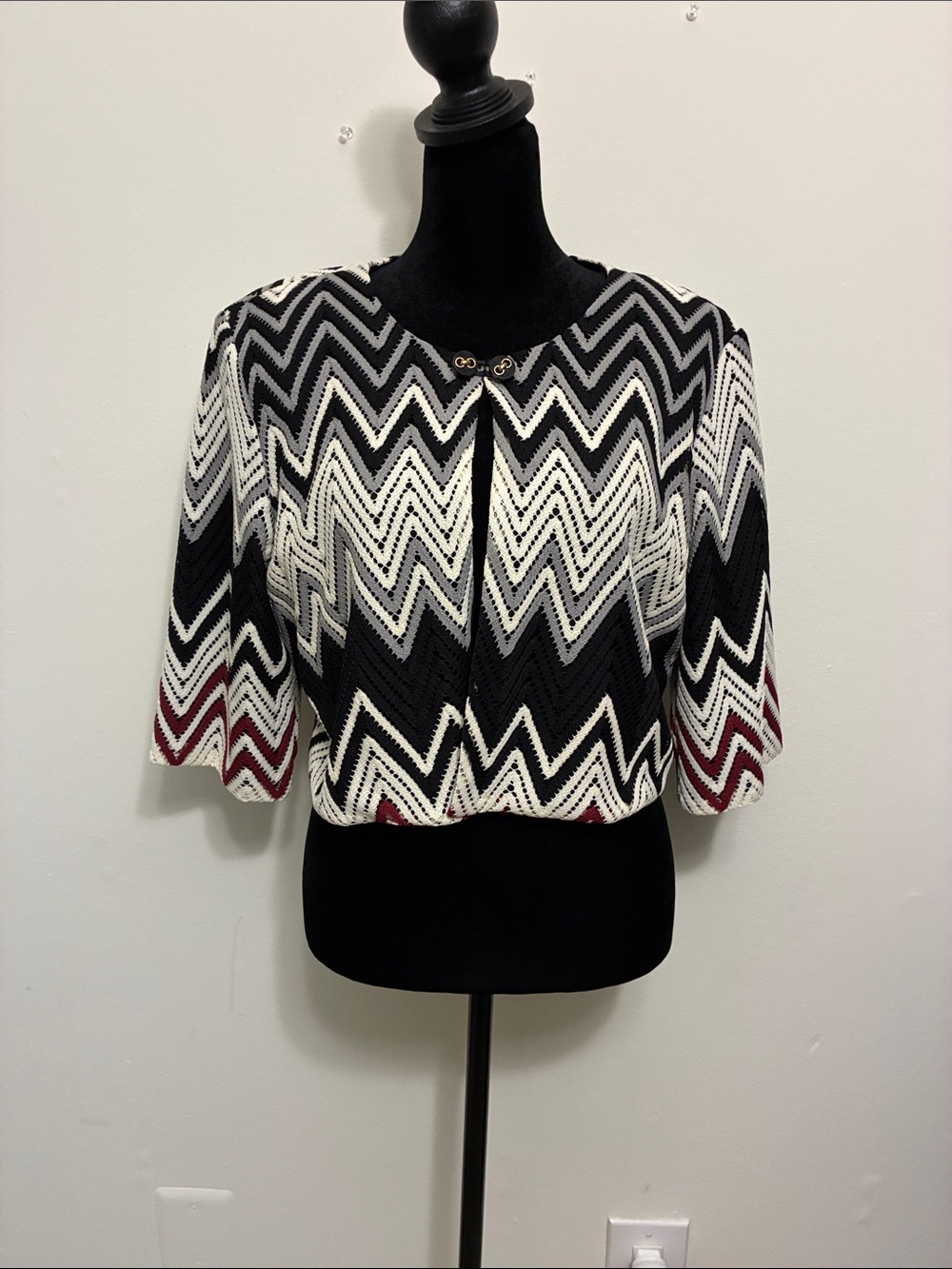 Danny & Nicole Chevron Knit Cropped Cardigan - Black, White & Burgundy